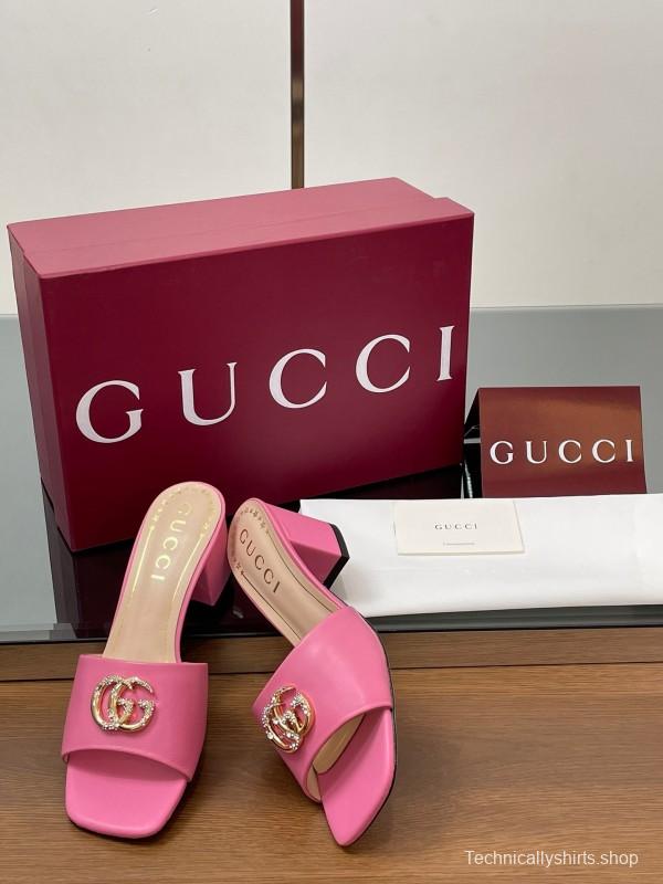 2025 Women Gucci Pink Lambskin Mid Heel Crystal GG Buckle Slide LY00280