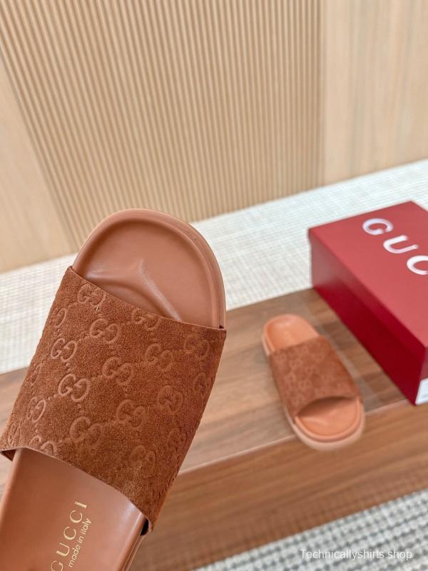 2025 Women Gucci Brown Suede Leather Slippers