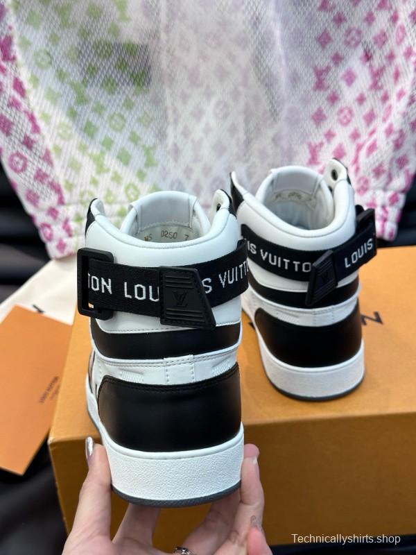 2024 Men Louis Vuitton Black White Leather High Top Sneakers MJ00420