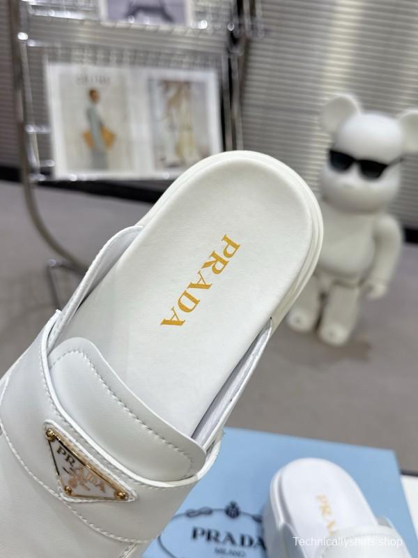 2025 Women Prada White Leather Slip-On Loafers