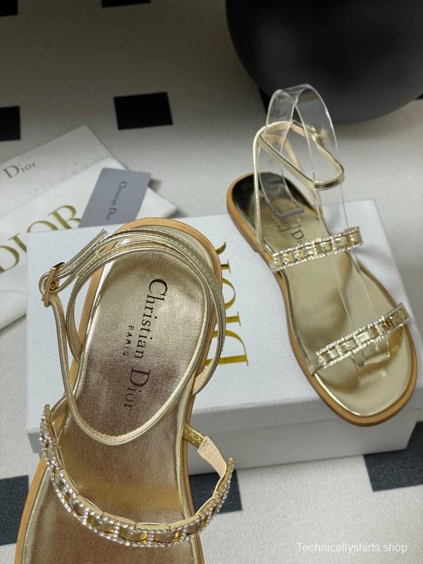 2025 Women Dior Gold Leather Sandals Crystal Embellishment