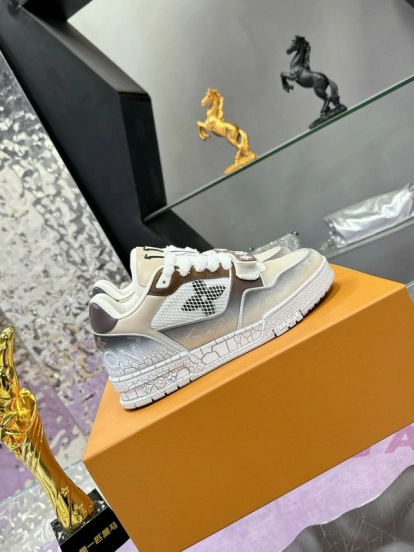 2024 Unisex Louis Vuitton White Brown Leather Mesh Plimsolls Waxed Vintage MJ00500