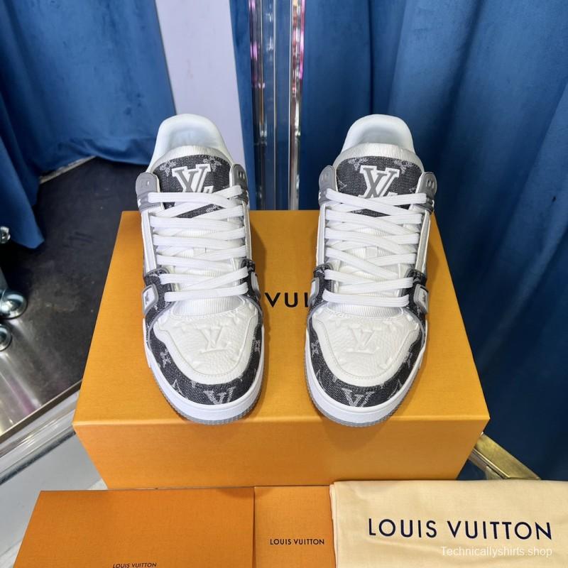 2025 Unisex Louis Vuitton Grey White Canvas Leather Sneakers