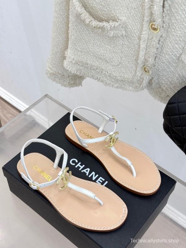 2025 Women Chanel White Leather Sandals KFY00290