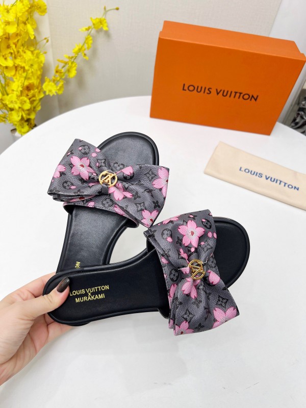 2025 Women Louis Vuitton Pink Black Leather Slippers LY00190