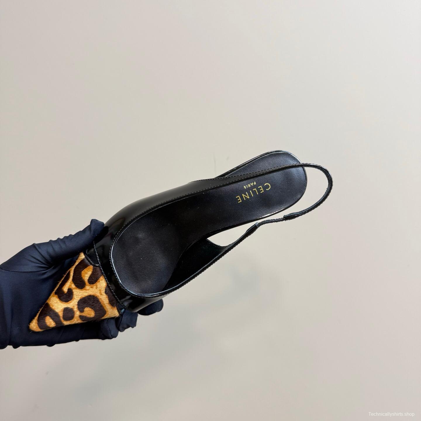 2025 Women CELINE Black Leopard Print Patent Leather Slingback Pumps