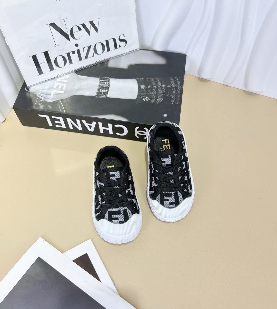 2024 Kids Fendi Black Brown Canvas Sneakers