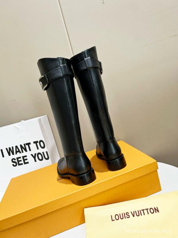 2024 Women Louis Vuitton Black Full Grain Leather Knee High Boots MJ00400