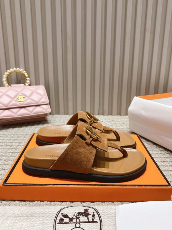 2025 Slippers Hermès Brown Suede Leather Casual LY00350