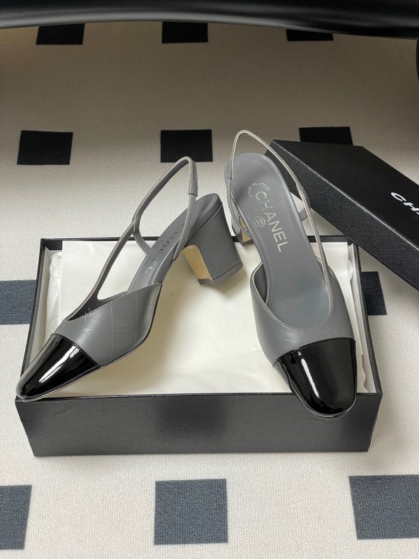 2025 Women Chanel Grey Black Leather Sling-back Heel