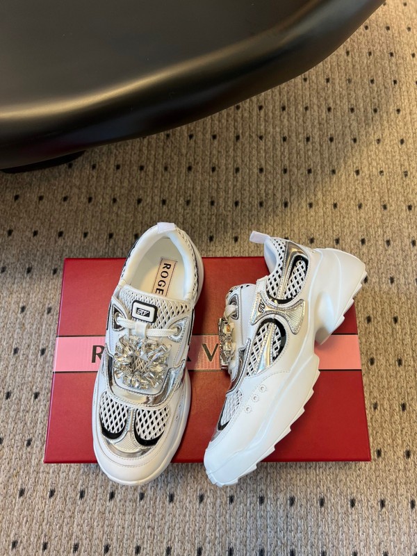 2025 Women Roger Vivier White Black Leather Synthetic Fabric Sneakers KFY00380
