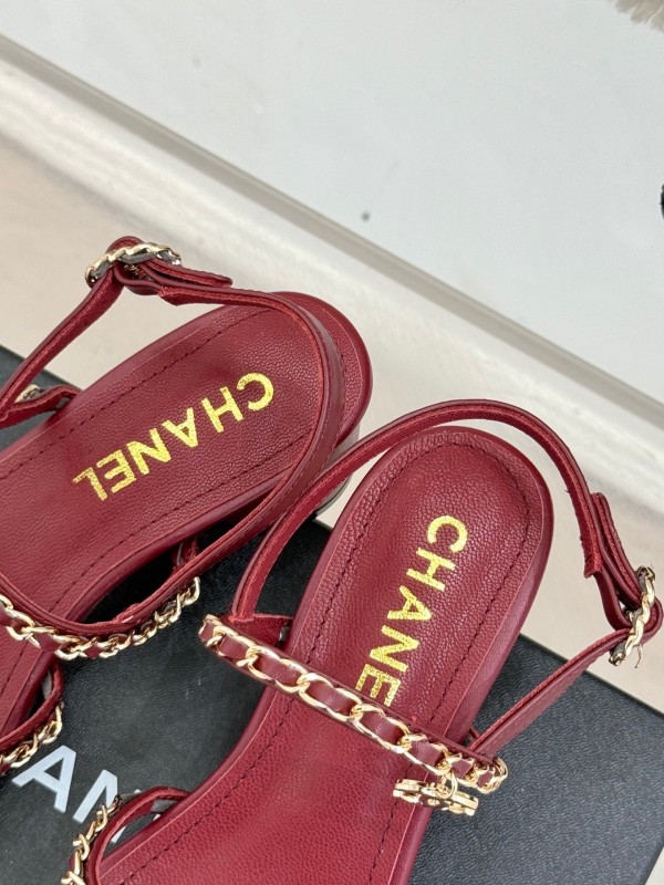 2025 Women Chanel Red Leather Chain Strap Sandals KFY00270