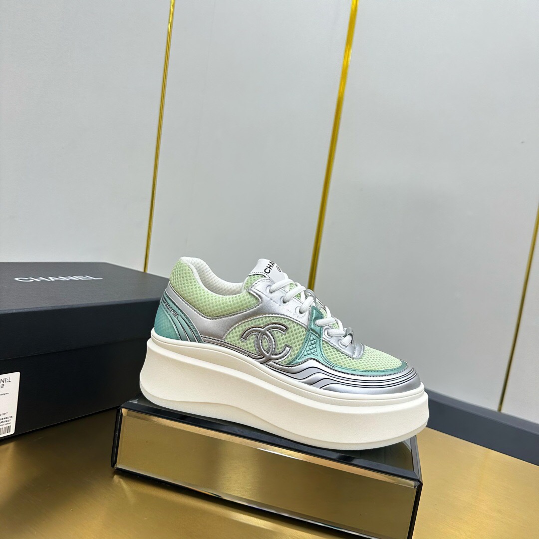 2025 Women Chanel Green Silver Mesh Leather Platform Sneakers