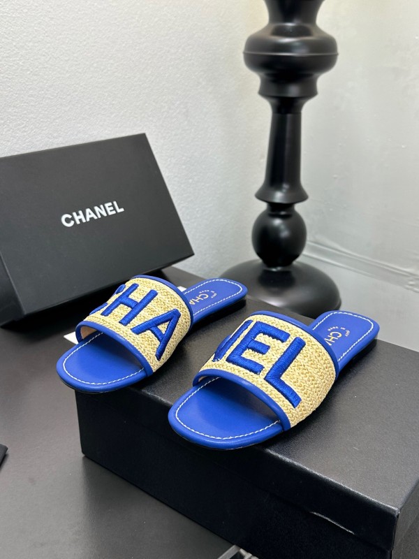 2025 Women CHANEL Blue Beige Canvas Slippers