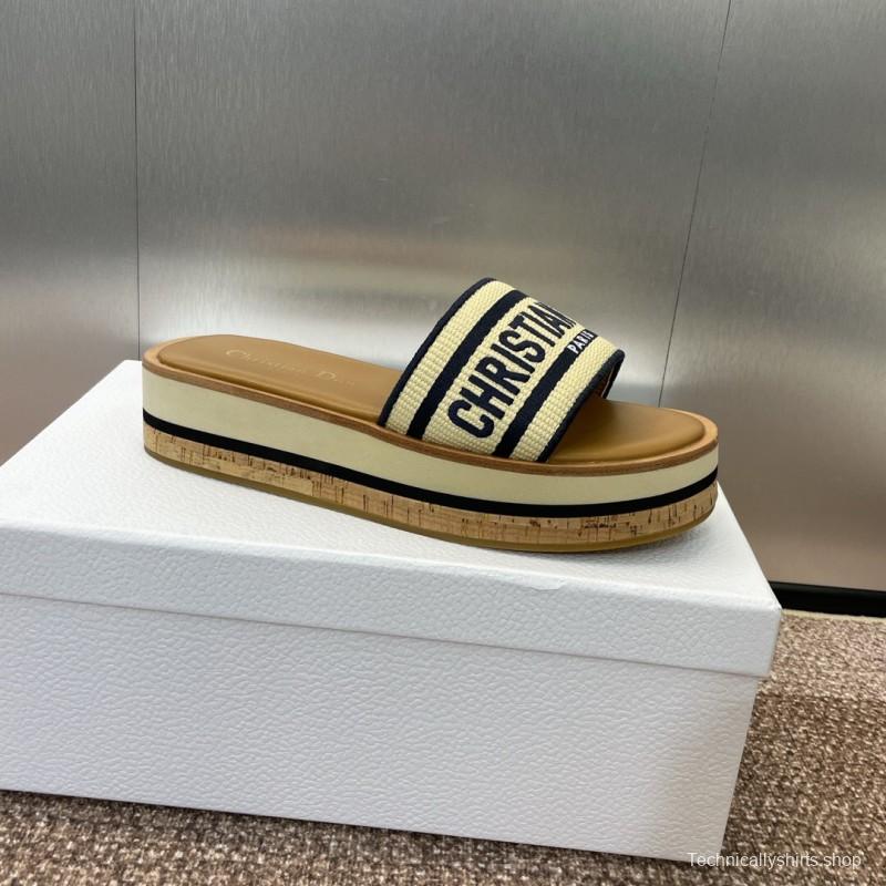 2025 Slippers Dior Beige Navy Canvas Leather Platform CHRISTIAN DIOR CD004