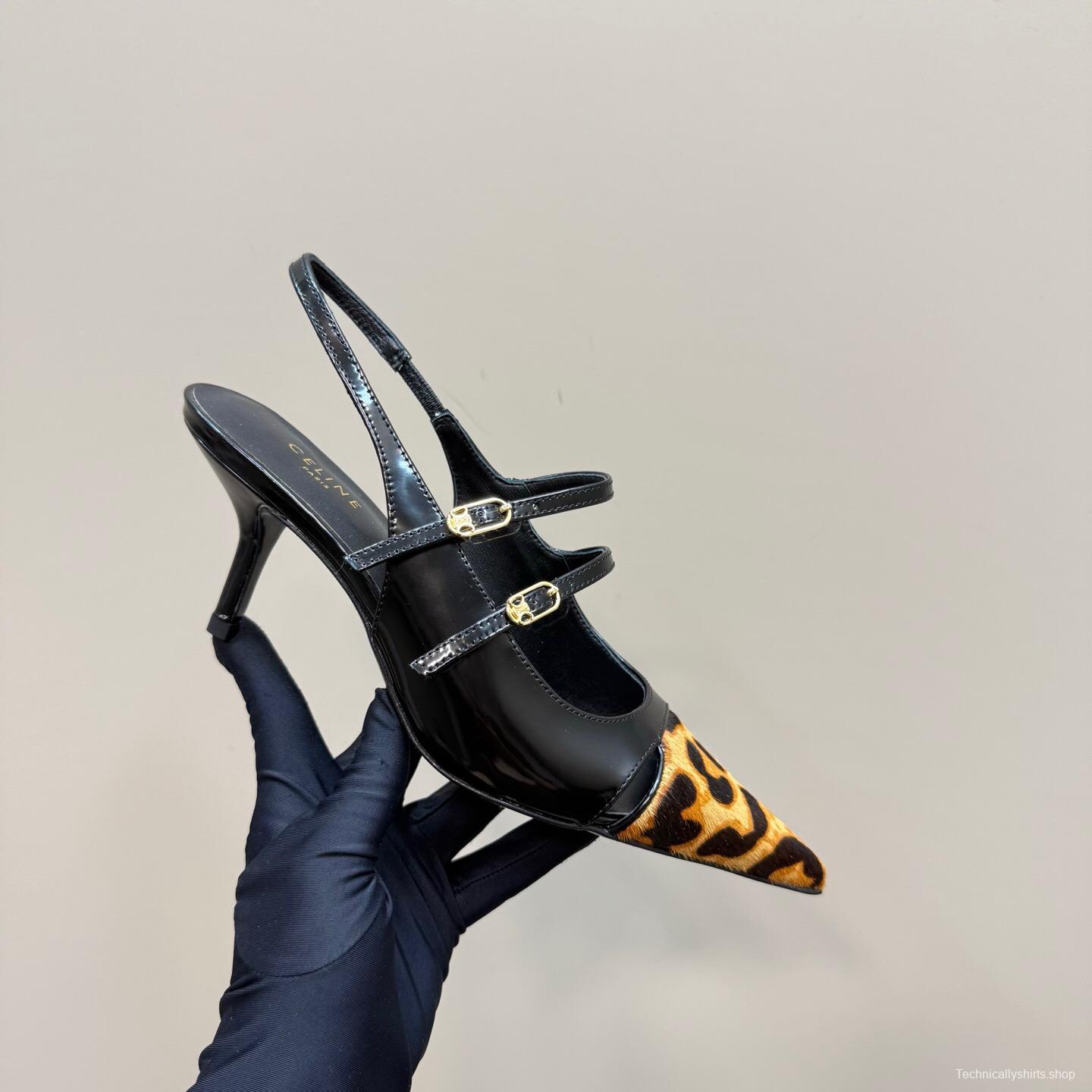 2025 Women Celine Leopard Black Patent Leather Slingback Heels