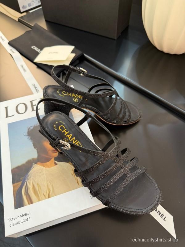 2025 Women Chanel Black Leather Sandals KFY00289