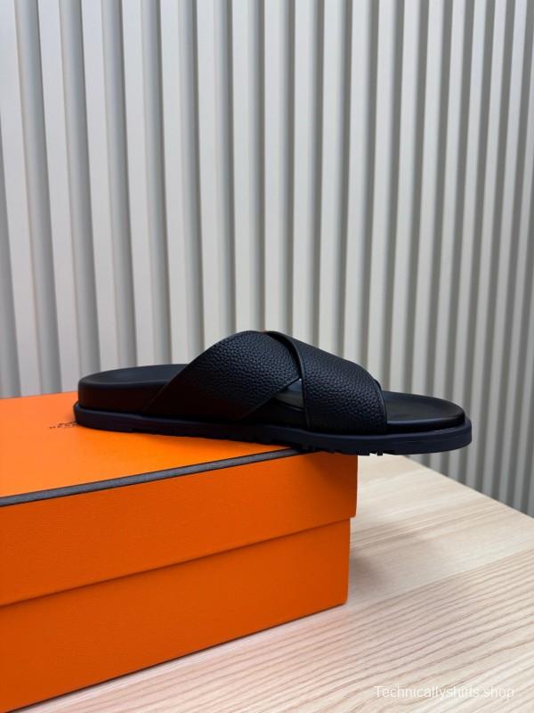 2025 Slippers Hermès Black Orange Leather Slippers