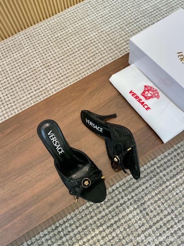 2025 Women VERSACE Black Leather Mule Heels LY00250