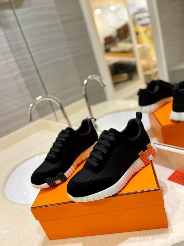 2024 Unisex Hermès Black Imported Silk Glazed Calf Suede Synthetic Fabric Sneakers MJ00320