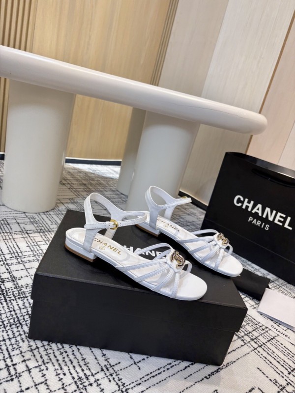 2025 Women Chanel White Leather Sandals LY00270