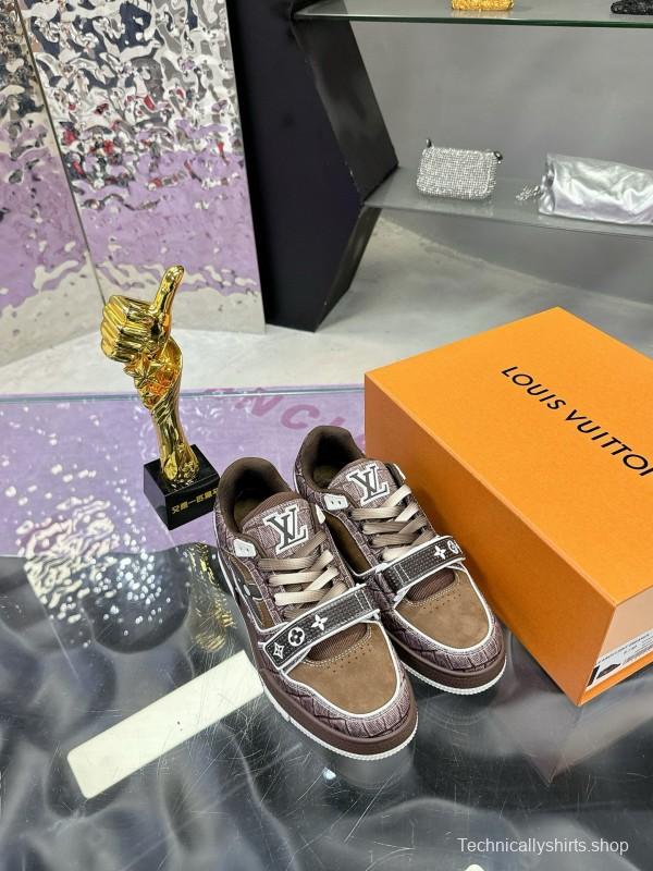 2024 Unisex Louis Vuitton Brown Silk Leather Denim Plimsolls Magic Tape MJ00410