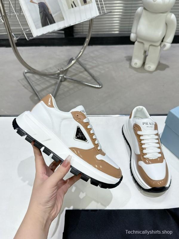 2025 Women Prada White Brown Leather Sneakers