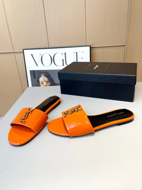 2025 Women Yves Saint Laurent Orange Patent Leather Slippers LY00180