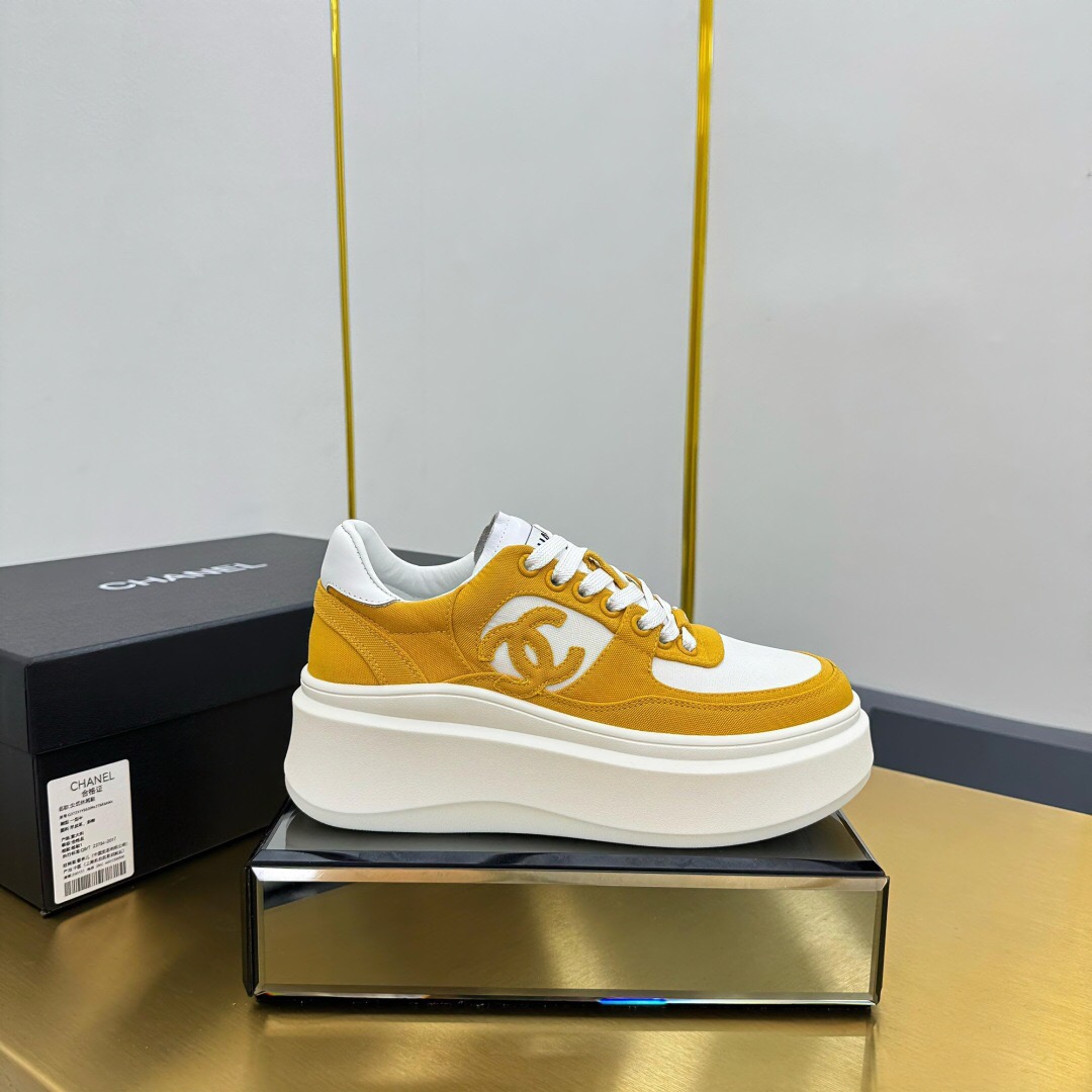 2025 Women Chanel Yellow White Canvas Leather Platform Sneakers