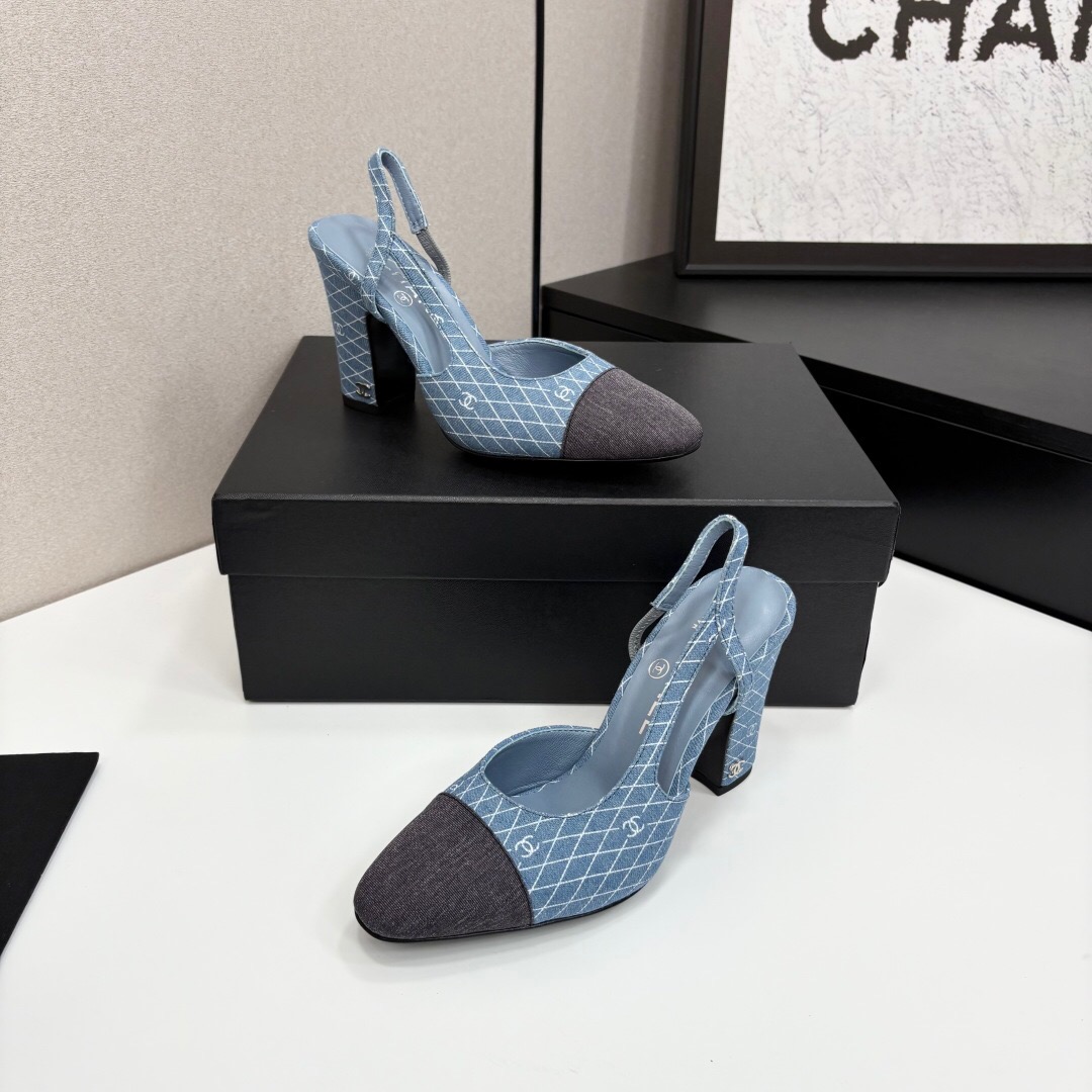 2025 Women Chanel Blue Black Denim Leather Slingback LY00270