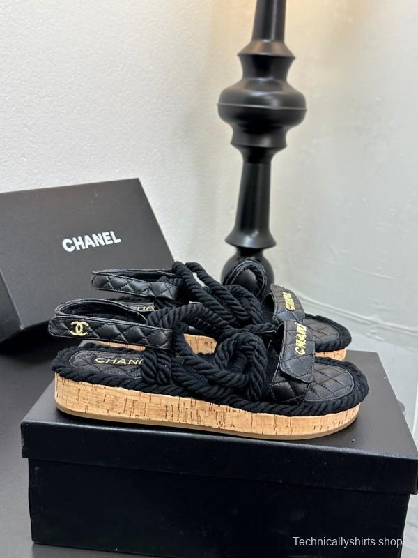 2025 Slippers Chanel Black Rope Leather Sandal LY00260