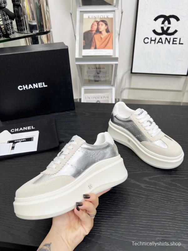 2025 Women Chanel White Silver Leather Suede Sneakers