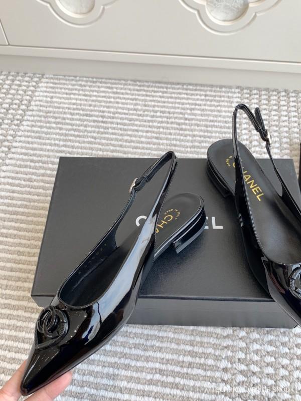 2025 Women Chanel Black Patent Leather Slingback Pumps KFY00300