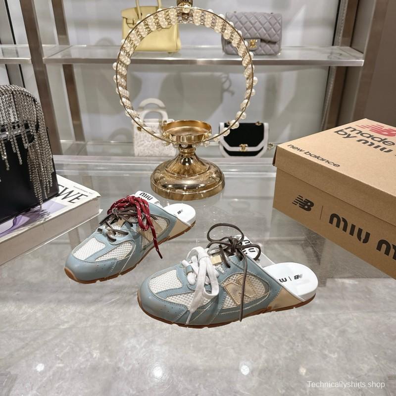 2025 Women Miu Miu Blue White Beige Leather Mesh Sneakers