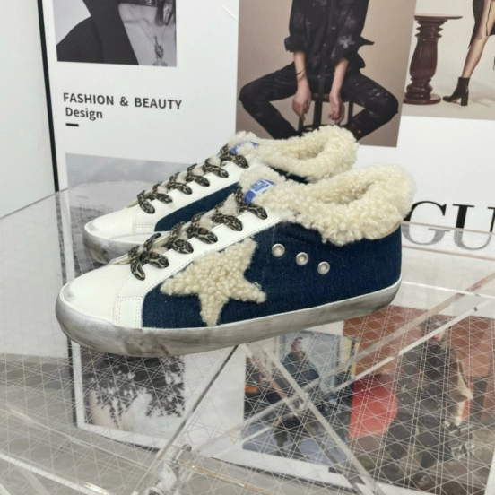 2025 Women GGDB White Navy Blue Leather Shearling Sneakers