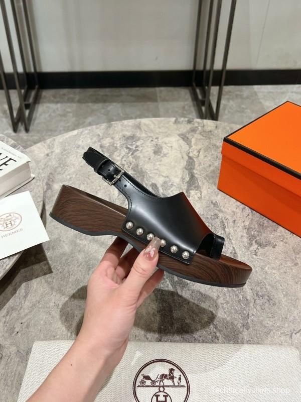 2025 Women Hermès Black Leather Sandals
