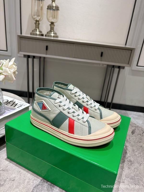 2025 Women Bottega Veneta Green White Red Canvas Leather High Top Sneakers