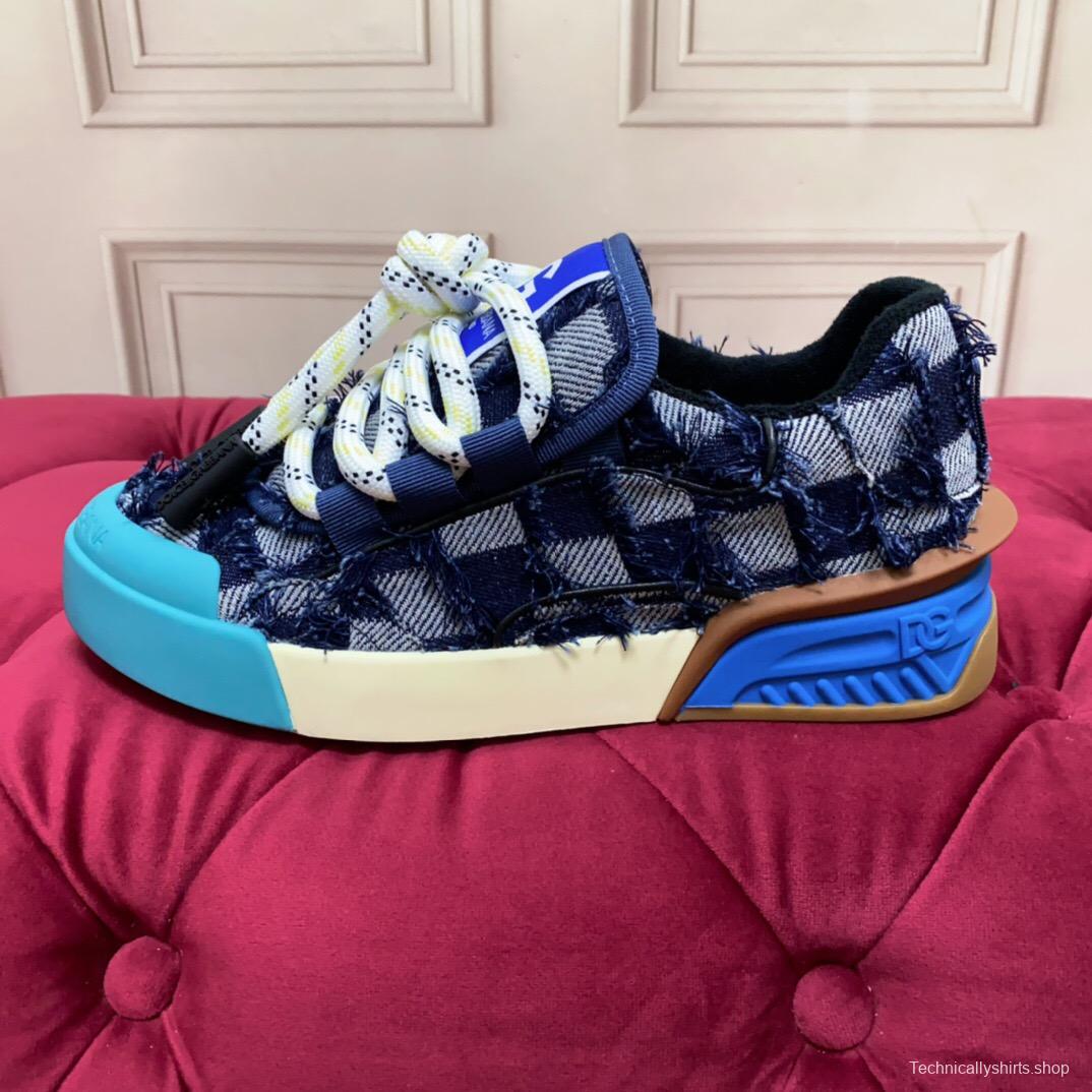 2025 Unisex Dolce & Gabbana Blue White Brown Denim Leather Sneakers