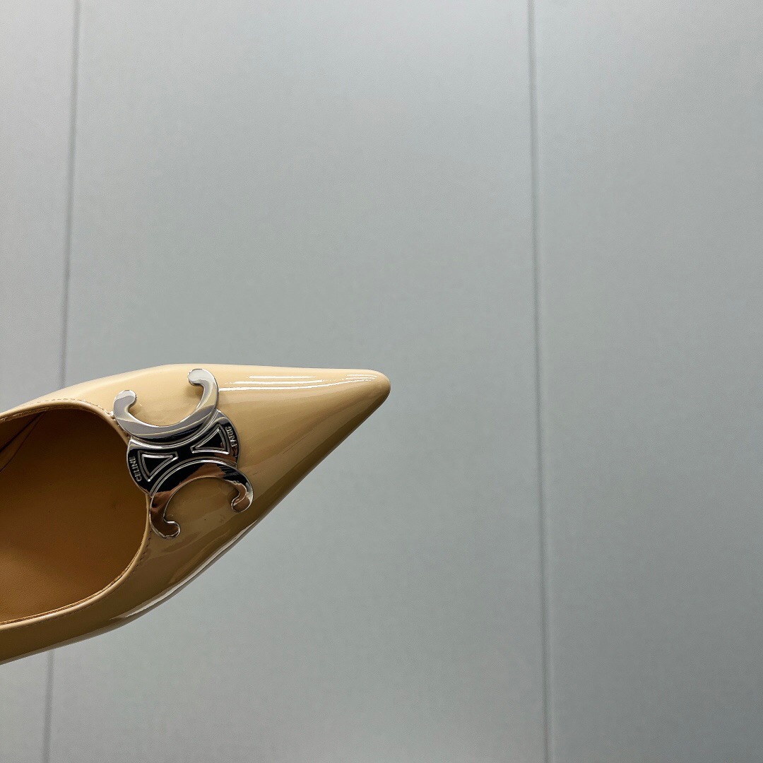 2025 Women Celine Beige Patent Leather Pointed Toe Heel Metal Ornament KFY00290