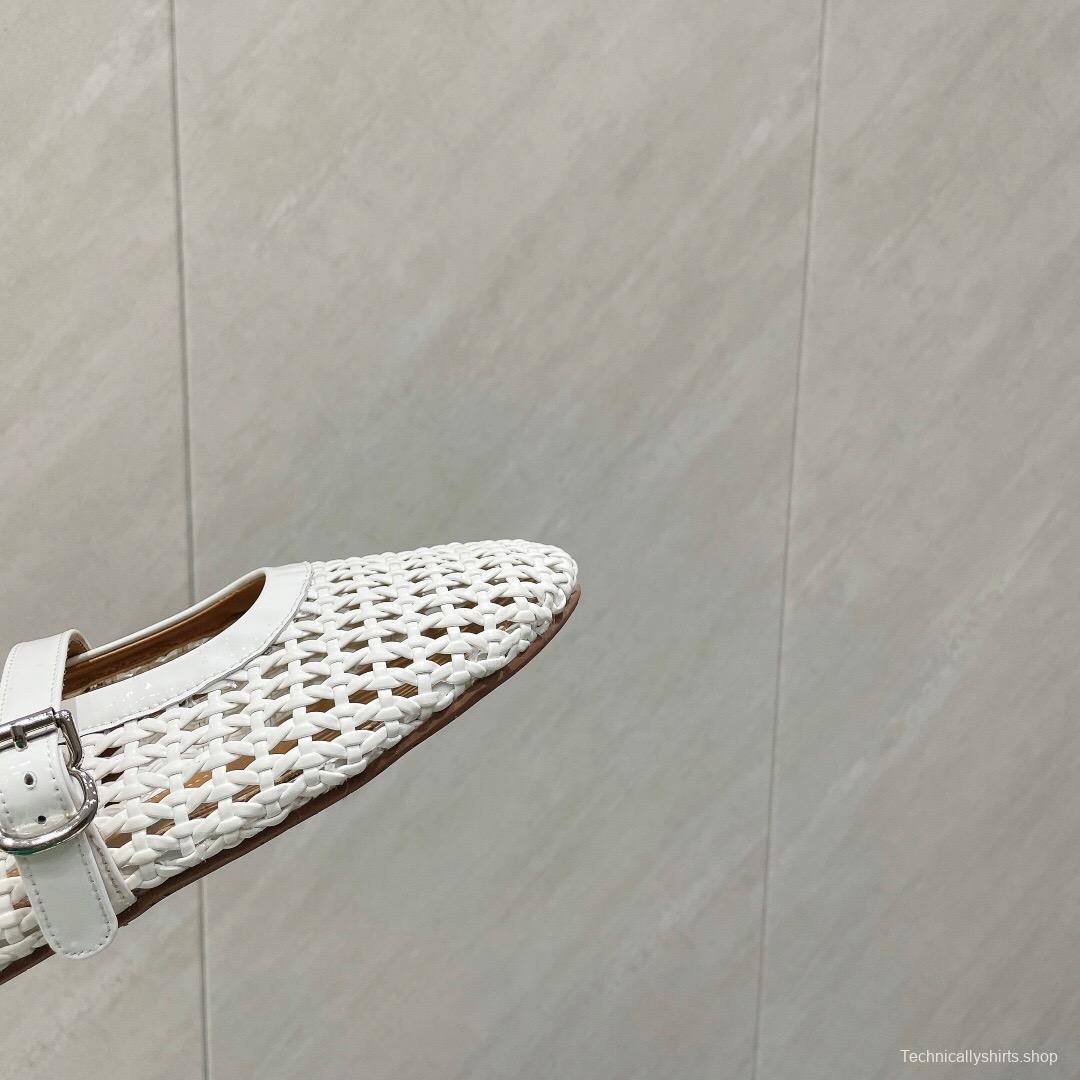 2025 Women Alaïa White Woven Leather Flat Mary Jane Shoes LY00360(F)
