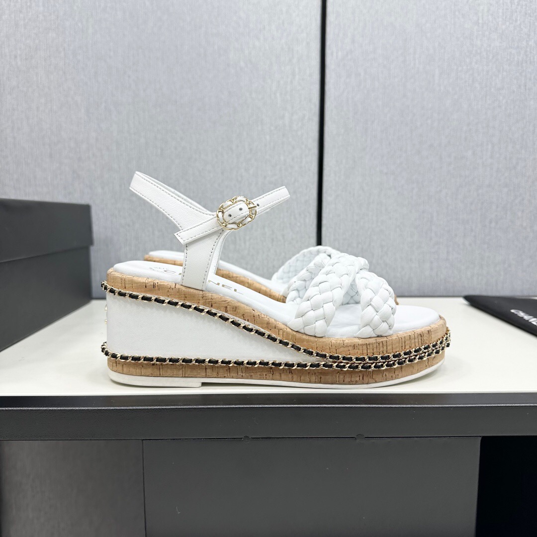 2025 Women Chanel White Leather Wedge Sandals