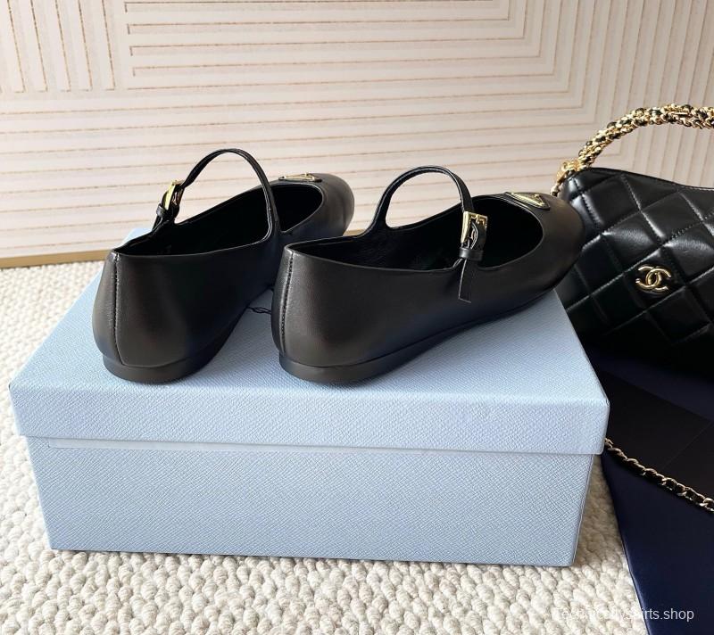 2025 Women Prada Black Leather Mary Jane Flat