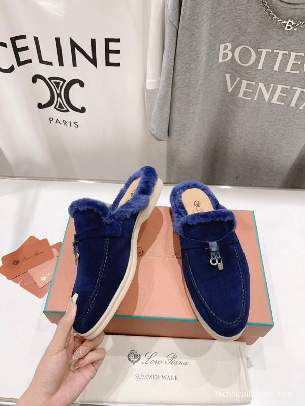 2024 Women Le Parmentier Blue Suede Shearling Loafers