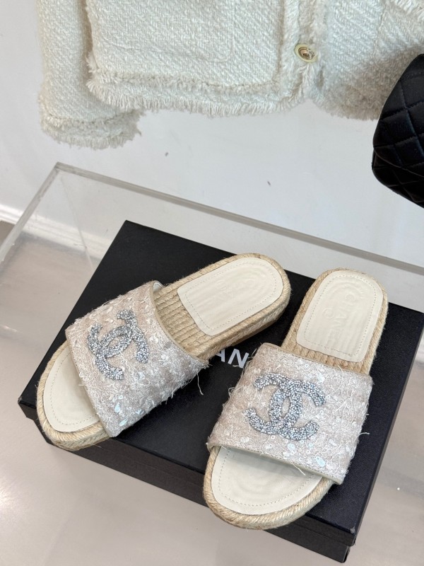 2025/Women Chanel White Lace Espadrille Slides With Sequined CC Logo KFY00240(F)