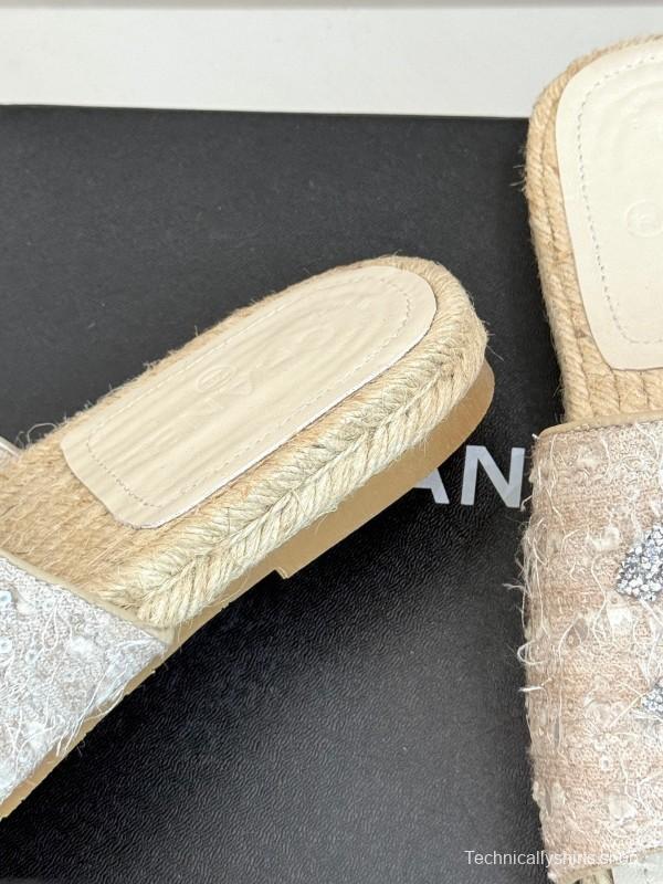 2025/Women Chanel White Lace Espadrille Slides With Sequined CC Logo KFY00240(F)