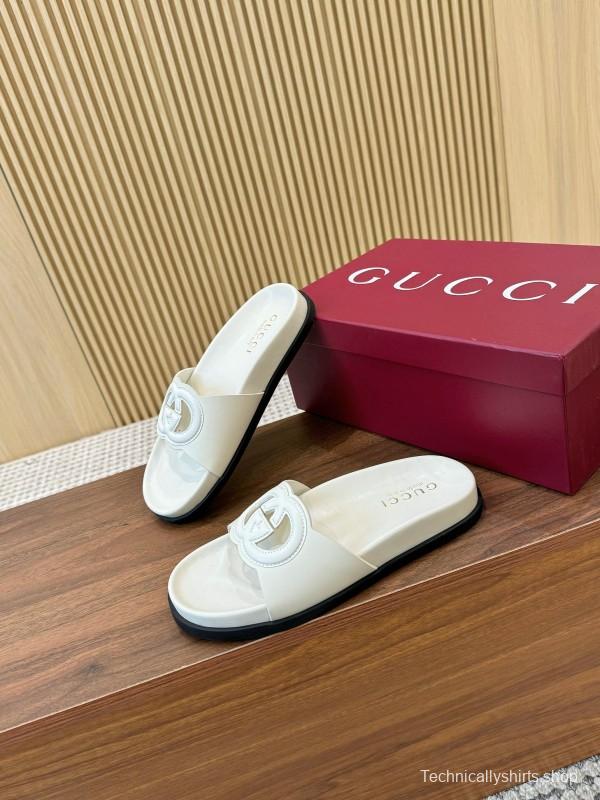 2025 Women Gucci White Leather Slippers GG Logo LY00230