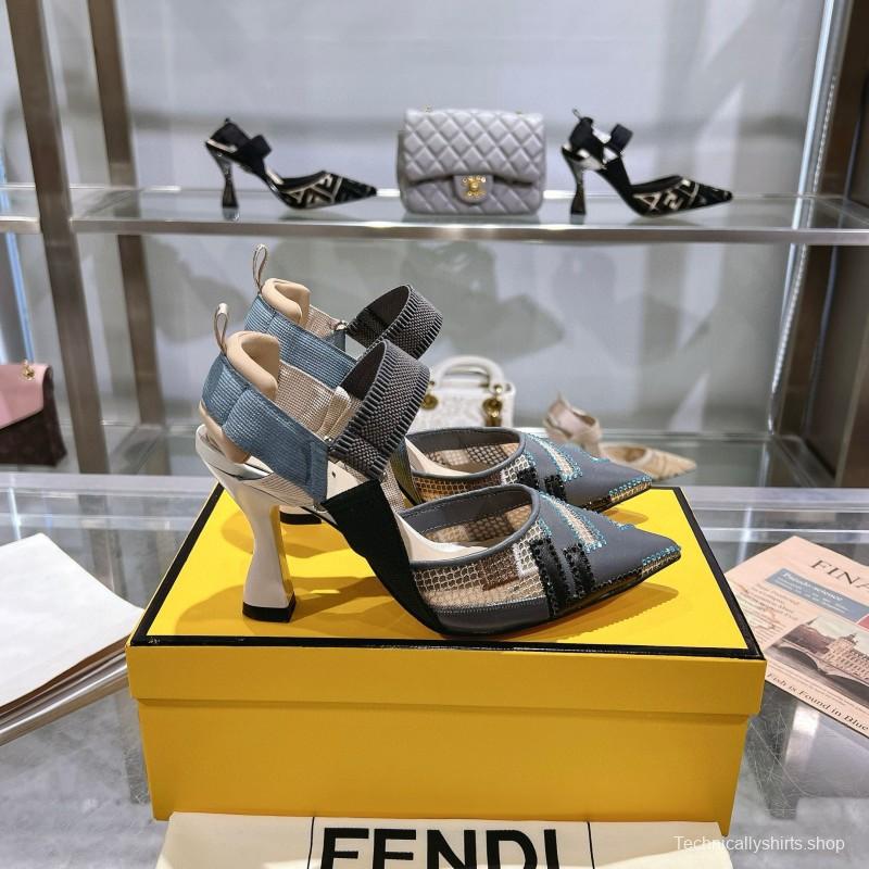 2025 Women Fendi Grey Blue Black Leather Mesh High Heels