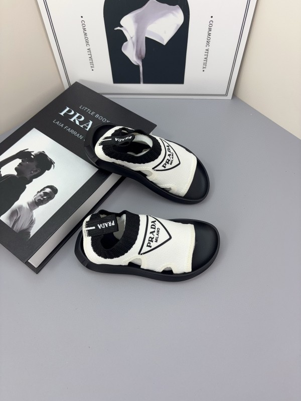 2025 Kids PRADA Black White Fabric Sandals