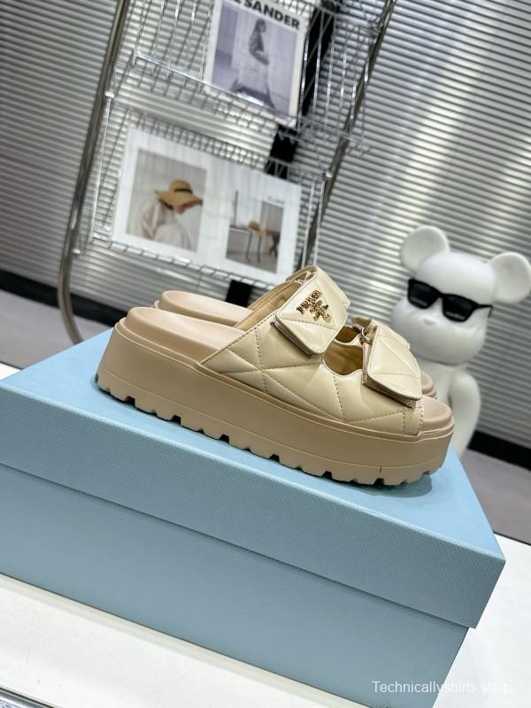 2025 Women Prada Beige Leather Slippers KFY00290