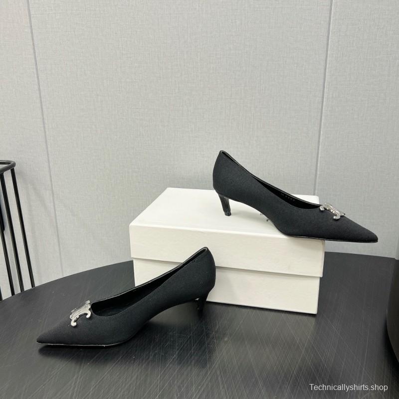 2025 Women Celine Black Fabric Pointed Toe Metal Buckle Pumps